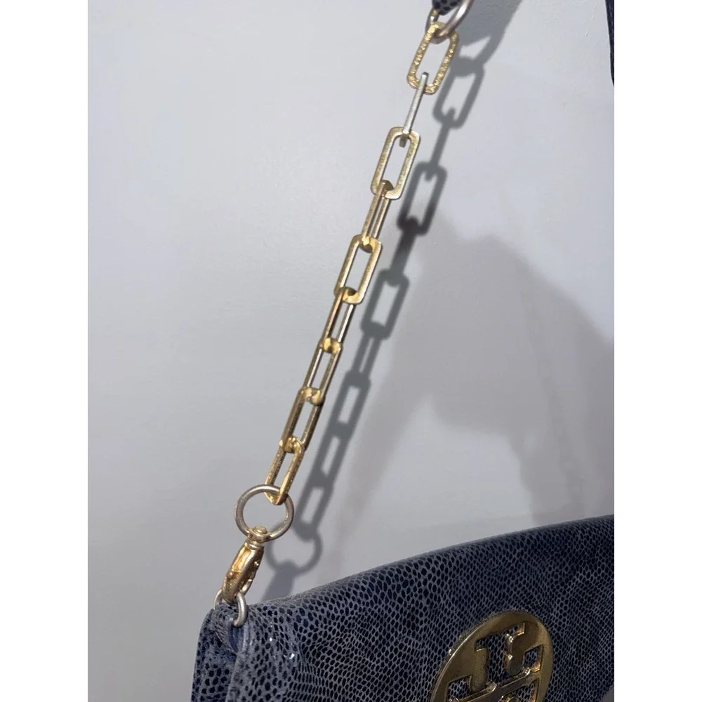 Tory Burch Reva Clutch Blue Leather‎ Snakeskin Print Chain Handbag Bag L